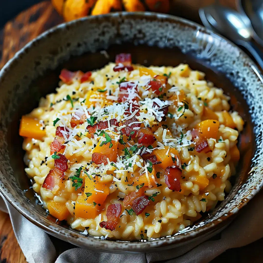 Eine Schüssel cremiges Risotto mit Kürbiswürfeln, knusprigem Speck und geriebenem Parmesan, umgeben von einer Serviette.