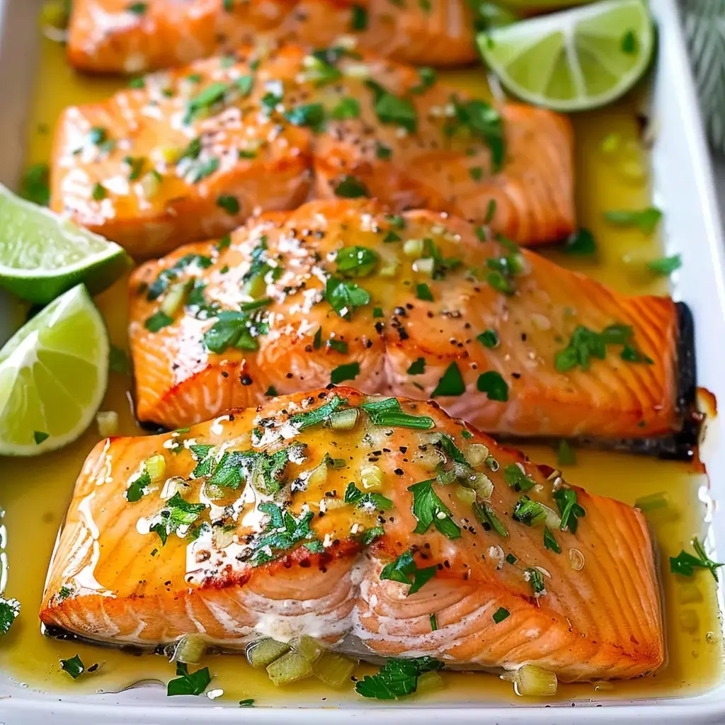 Gebratene Lachsfilets, garniert mit Koriander, Limette und goldener Sauce.