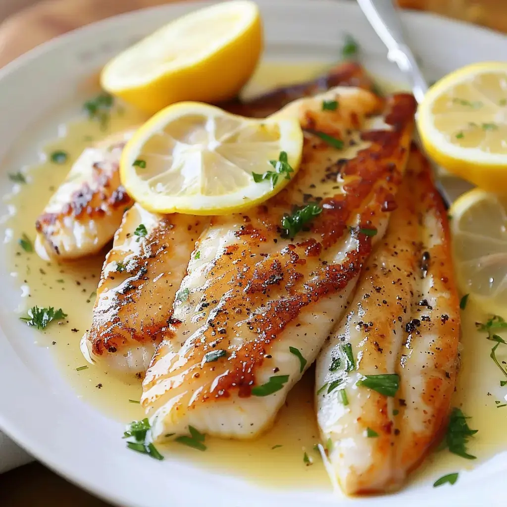 Gegrillte Fischfilets, garniert mit Zitronenscheiben und frischen Kräutern, serviert in einer Buttersoße.