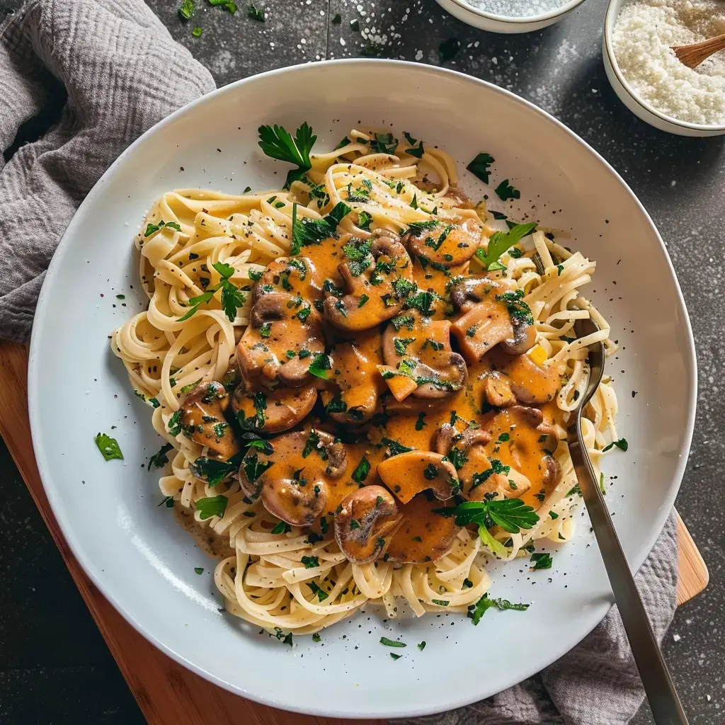 Ein Teller Linguine-Nudeln mit cremiger Pilzsoße und frischer Petersilie garniert.