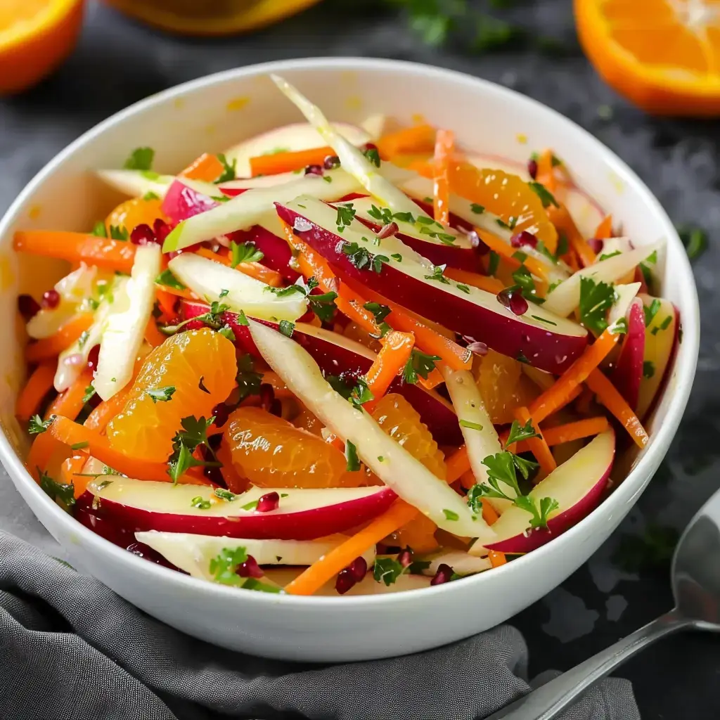 Frischer Salat aus Äpfeln, Karotten, Mandarinen und Kräutern in weißer Schüssel.