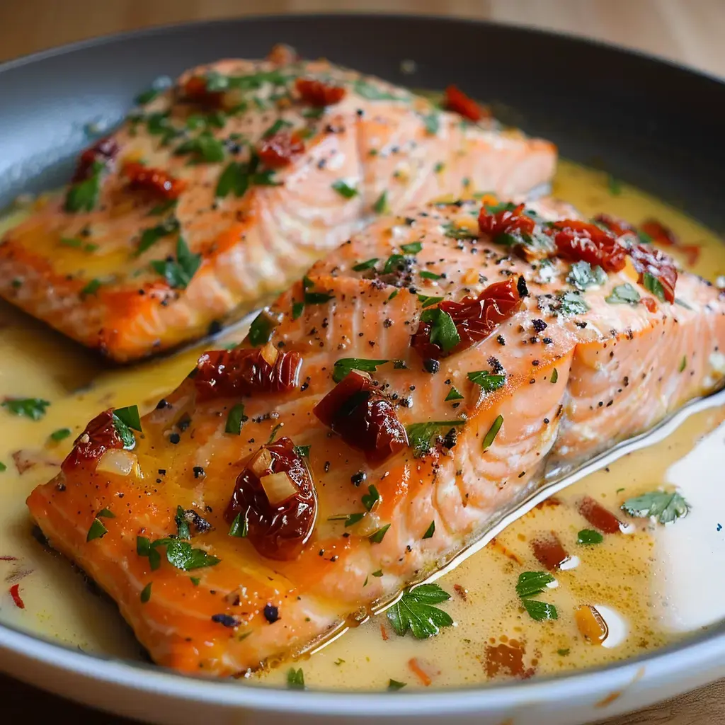 Zwei Lachsfilets in Buttersoße mit Kräutern und getrockneten Tomaten, in einer Pfanne angerichtet.