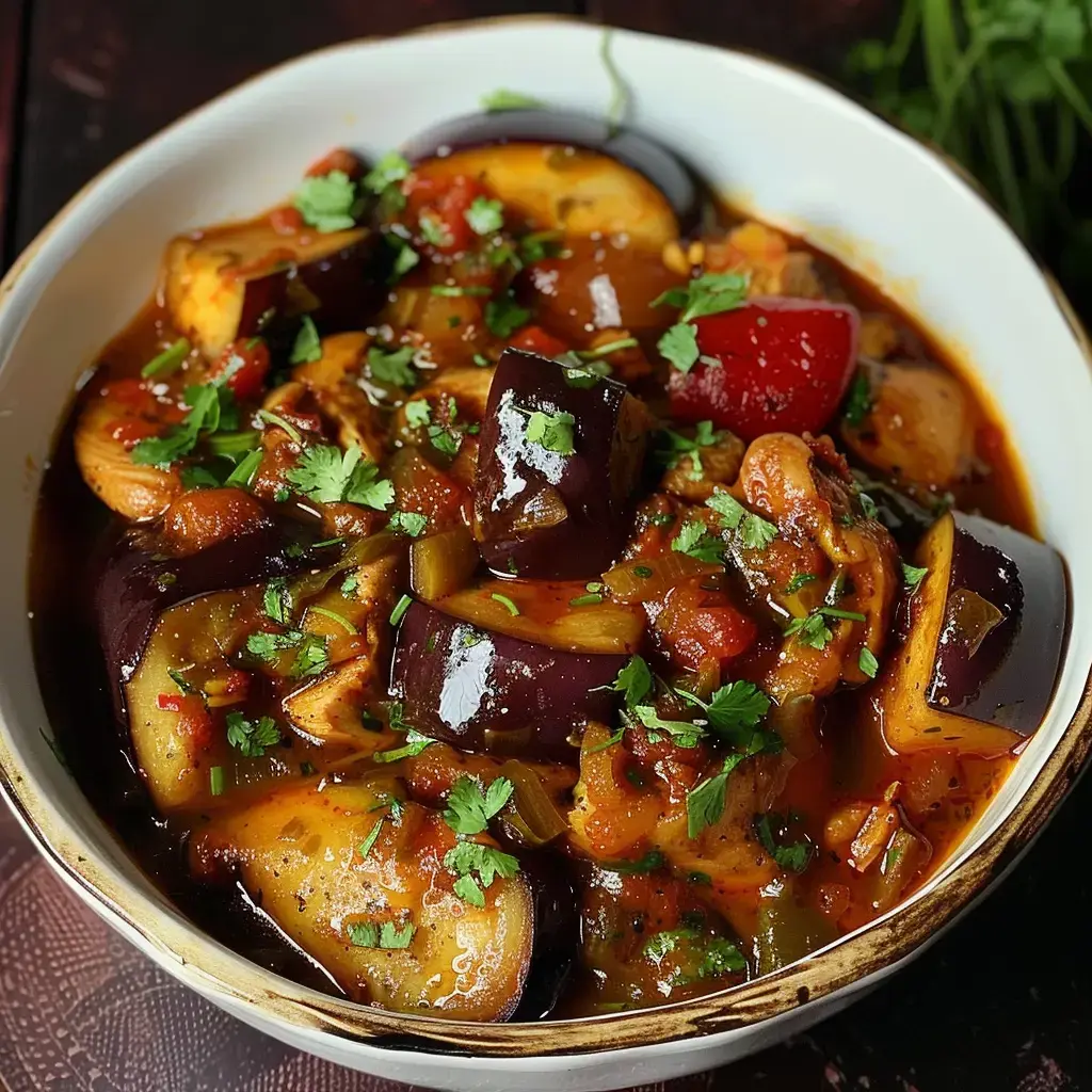 Ein Teller mit gemüsereichem Auflauf, hauptsächlich aus Auberginen, Tomaten und Paprika, garniert mit frischem Koriander.