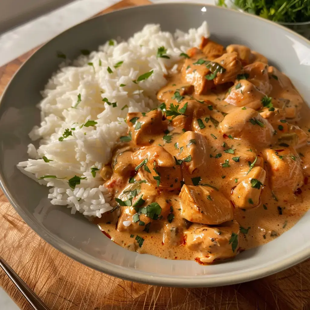 Eine Schüssel mit Hähnchen in cremiger Soße auf weißem Reis, garniert mit frischem Koriander.