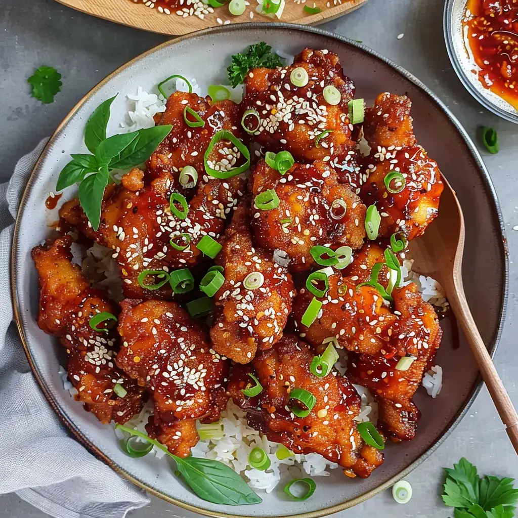 Knuspriges Hähnchen in Sauce, garniert mit Sesamsamen und Frühlingszwiebeln, serviert auf einem Bett aus weißem Reis.
