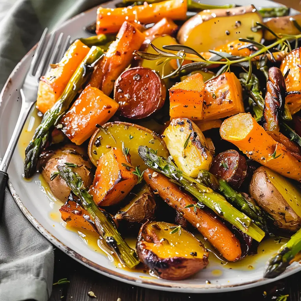 Buntes geröstetes Gemüse mit Möhren, Kartoffeln, Spargel und Kürbisstücken, mit Olivenöl beträufelt und gewürzt.