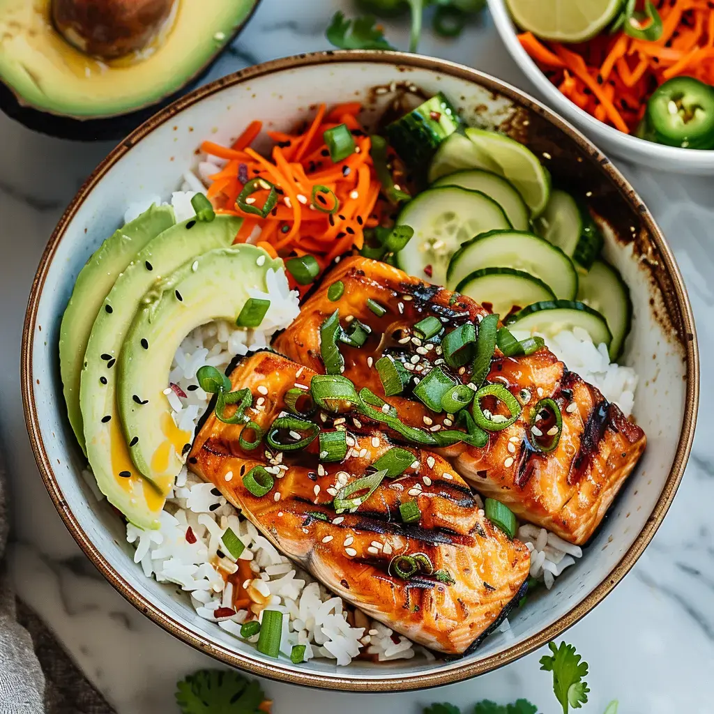 Eine bunte Bowl mit Reis, gegrilltem Lachs, Avocado, Karottenstreifen und Gurkenscheiben, garniert mit Frühlingszwiebeln und Sesamsamen.