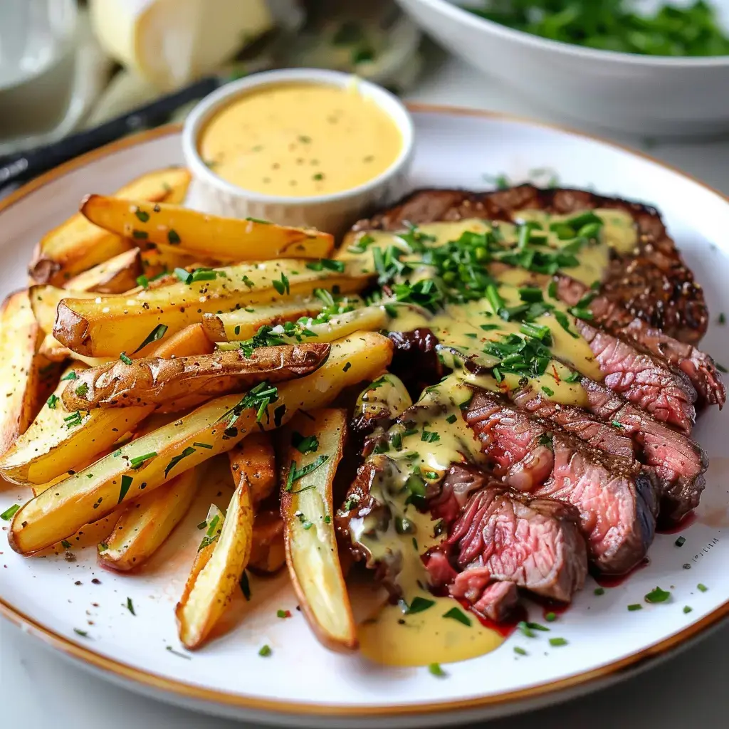 Ein Teller mit saftigem Steak, goldbraunen Pommes und einer cremigen Sauce, garniert mit gehacktem Schnittlauch.