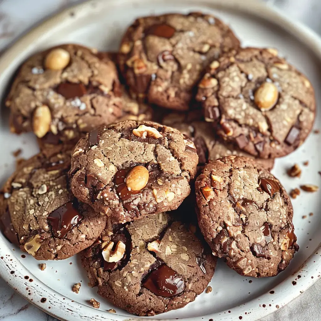 Frisch gebackene Cookies mit Schokoladenstücken, Nüssen und Haferflocken auf einem Teller angerichtet