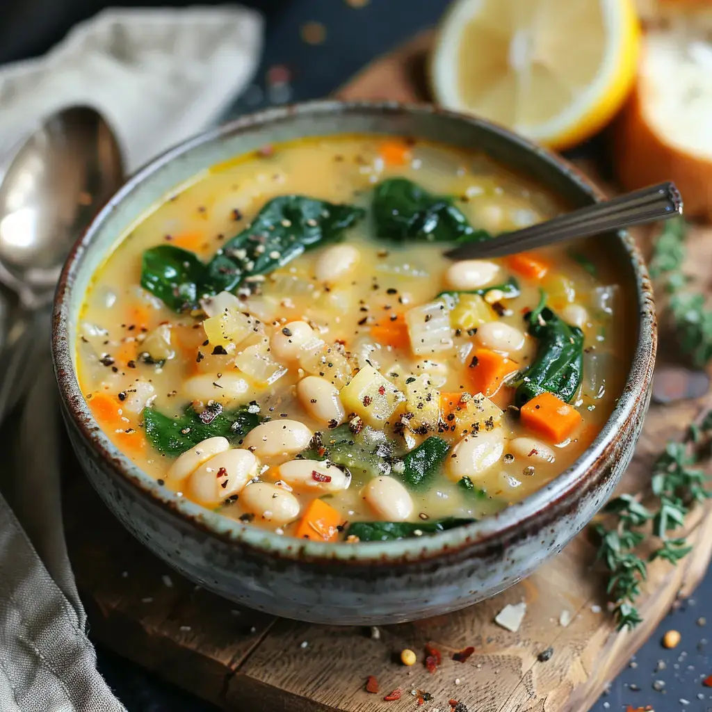 Eine Schale cremige weiße Bohnensuppe mit Spinat und Gemüse, garniert mit Pfeffer und serviert mit Zitrone und Brot.