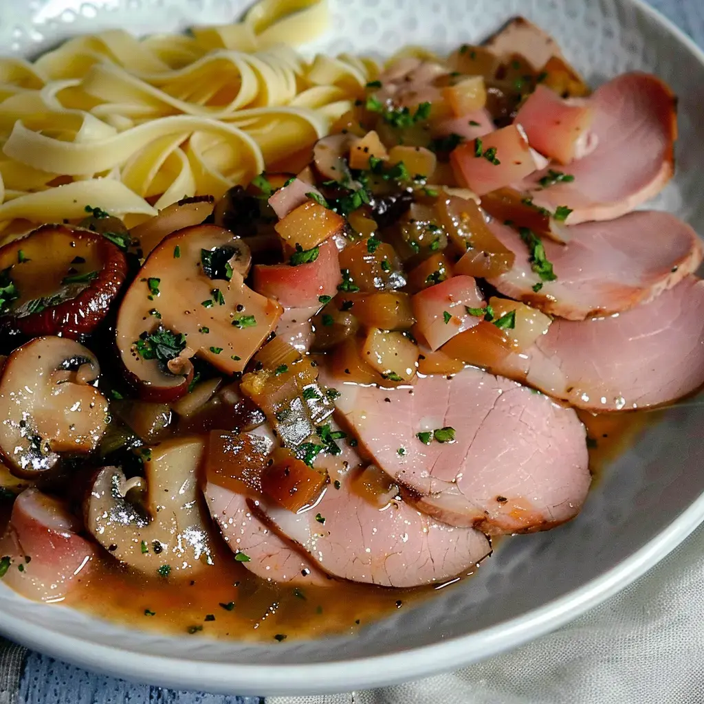 Teller mit Nudeln, begleitet von Schweinefleisch-Scheiben, die mit Pilz- und Gemüsesoße überzogen sind.