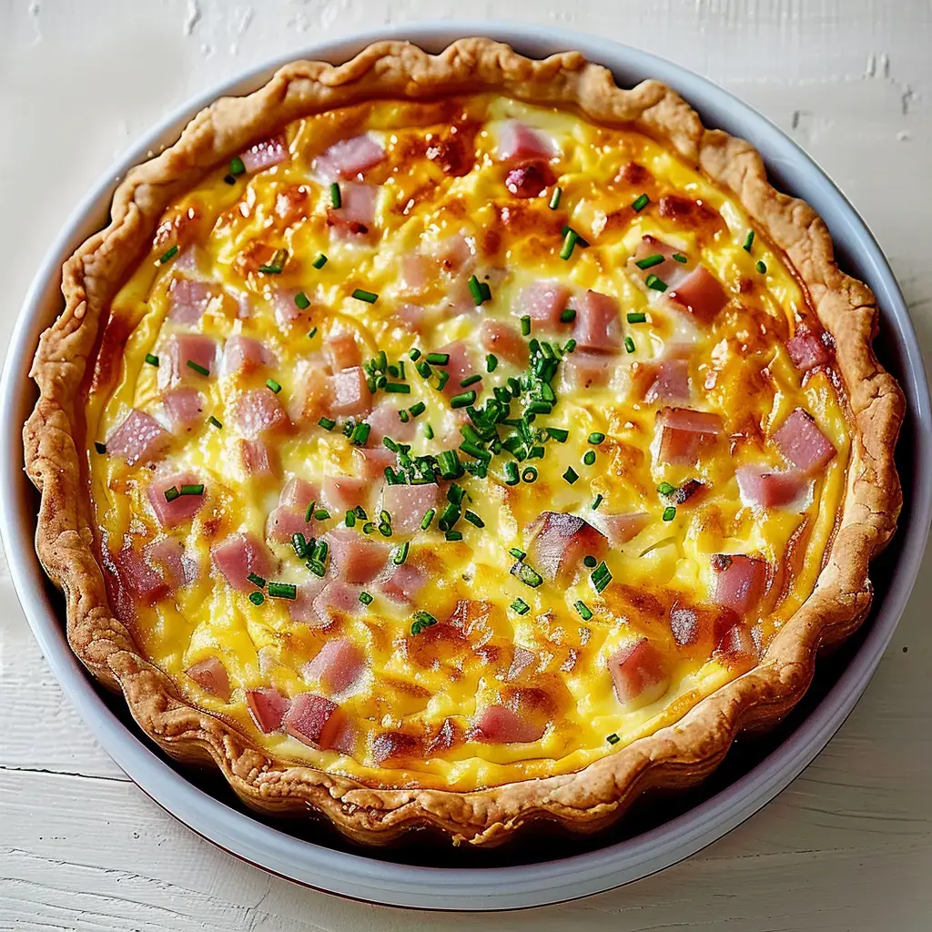 Herzhafte Quiche mit Schinkenwürfeln und Schnittlauch garniert.