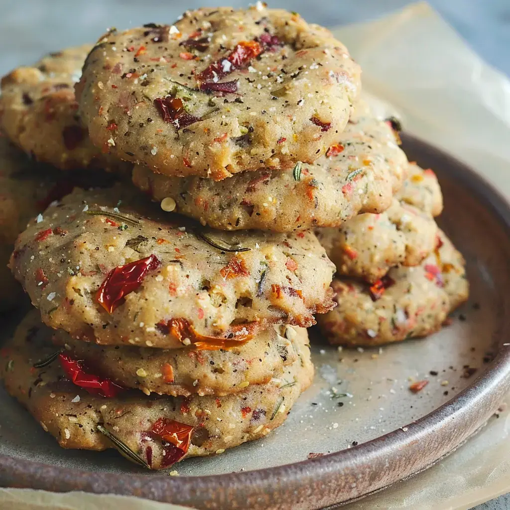 Ein Stapel herzhafter Kekse mit getrockneten Tomaten und Kräutern auf einem Keramikteller.