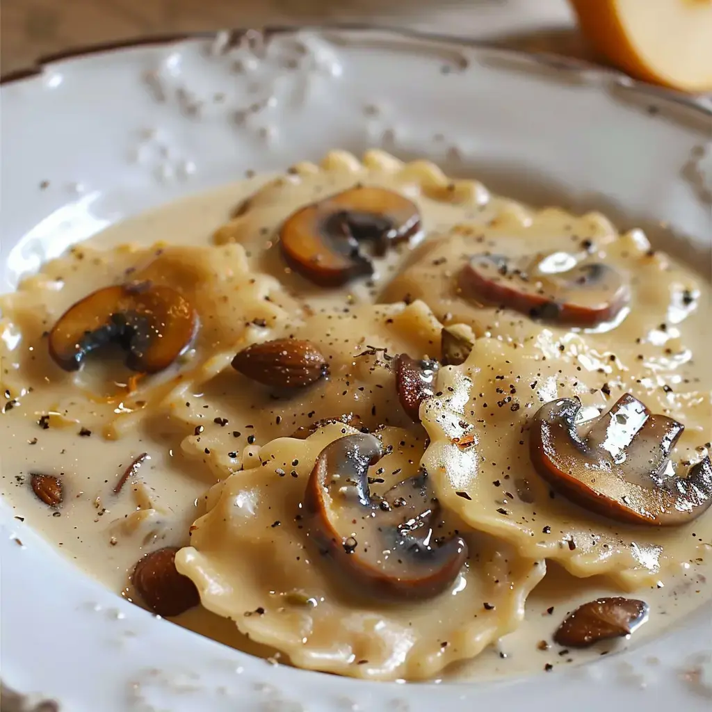 Kürbisravioli in cremiger Gorgonzolasauce mit gebratenen Steinpilzen und gerösteten Kürbiskernen