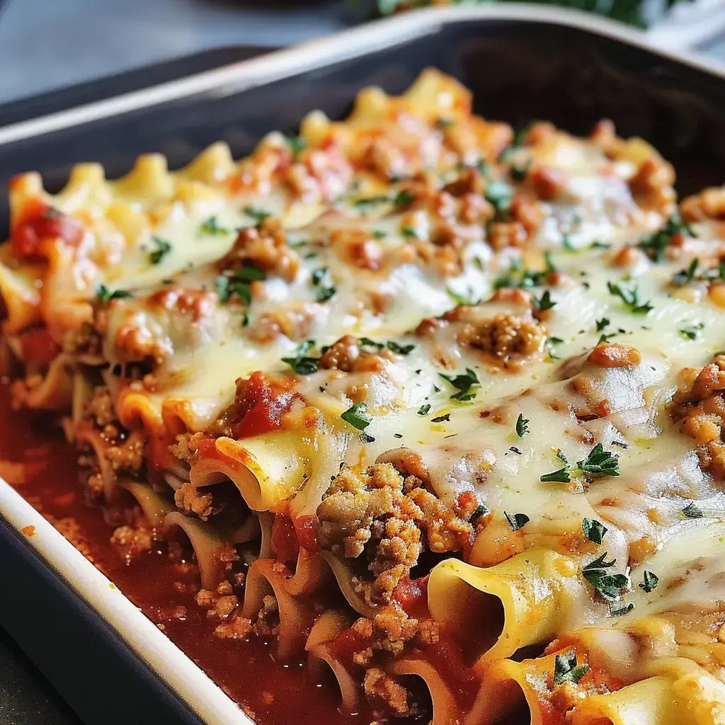 Ein Teller mit Lasagne, gefüllt mit Hackfleisch, Tomatensoße und Käse, garniert mit Petersilie.