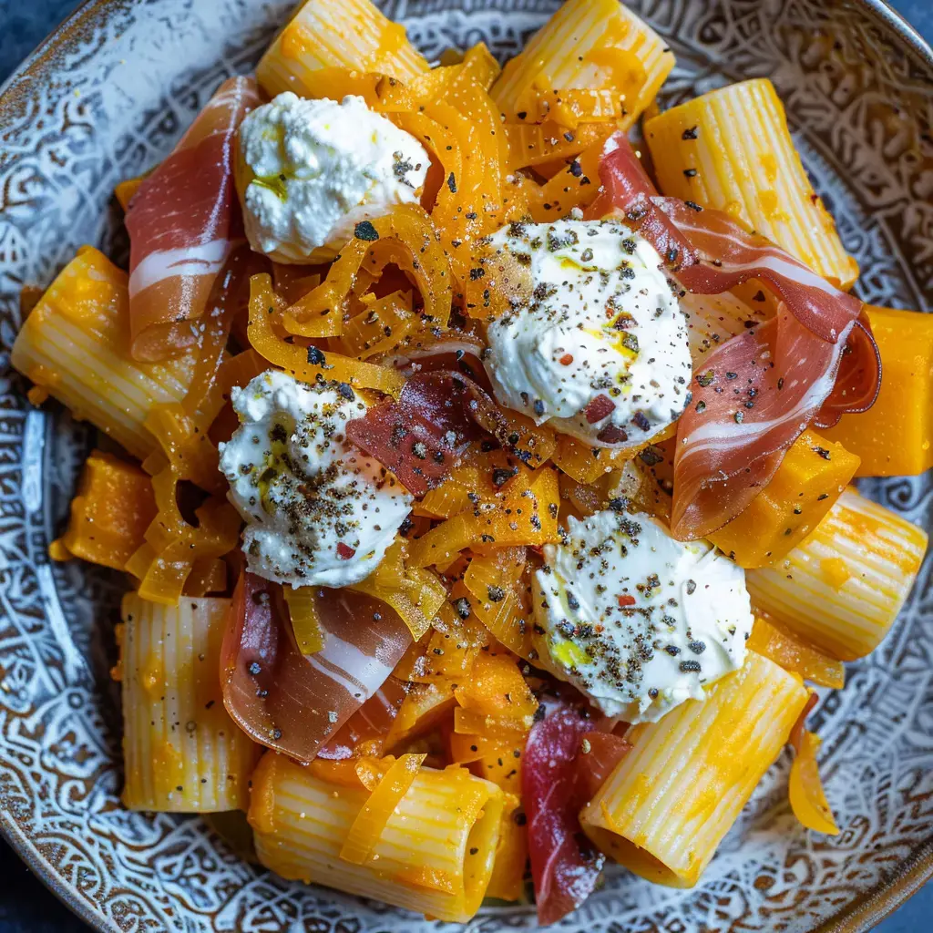 Ein Teller Rigatoni-Nudeln mit Parmaschinken-Stückchen, Gemüsestreifen und Klecksen von Ricotta-Käse, mit Pfeffer gewürzt.