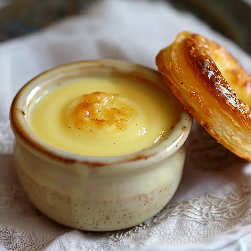 Ein Keramiktopf gefüllt mit seidiger Vanillecreme, daneben ein Stück goldbraunes Blätterteiggebäck.