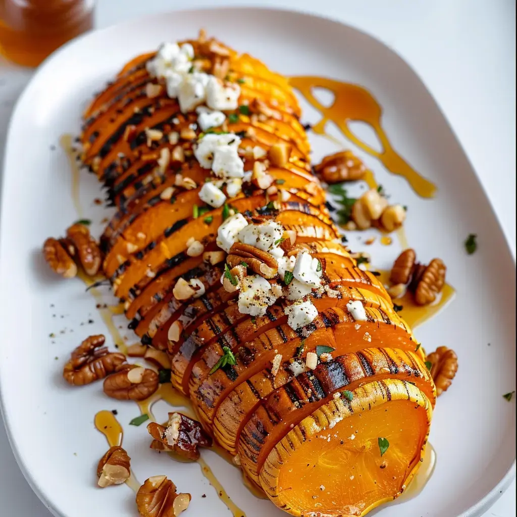 Gerösteter Butternusskürbis mit Feta, Nüssen und Honig