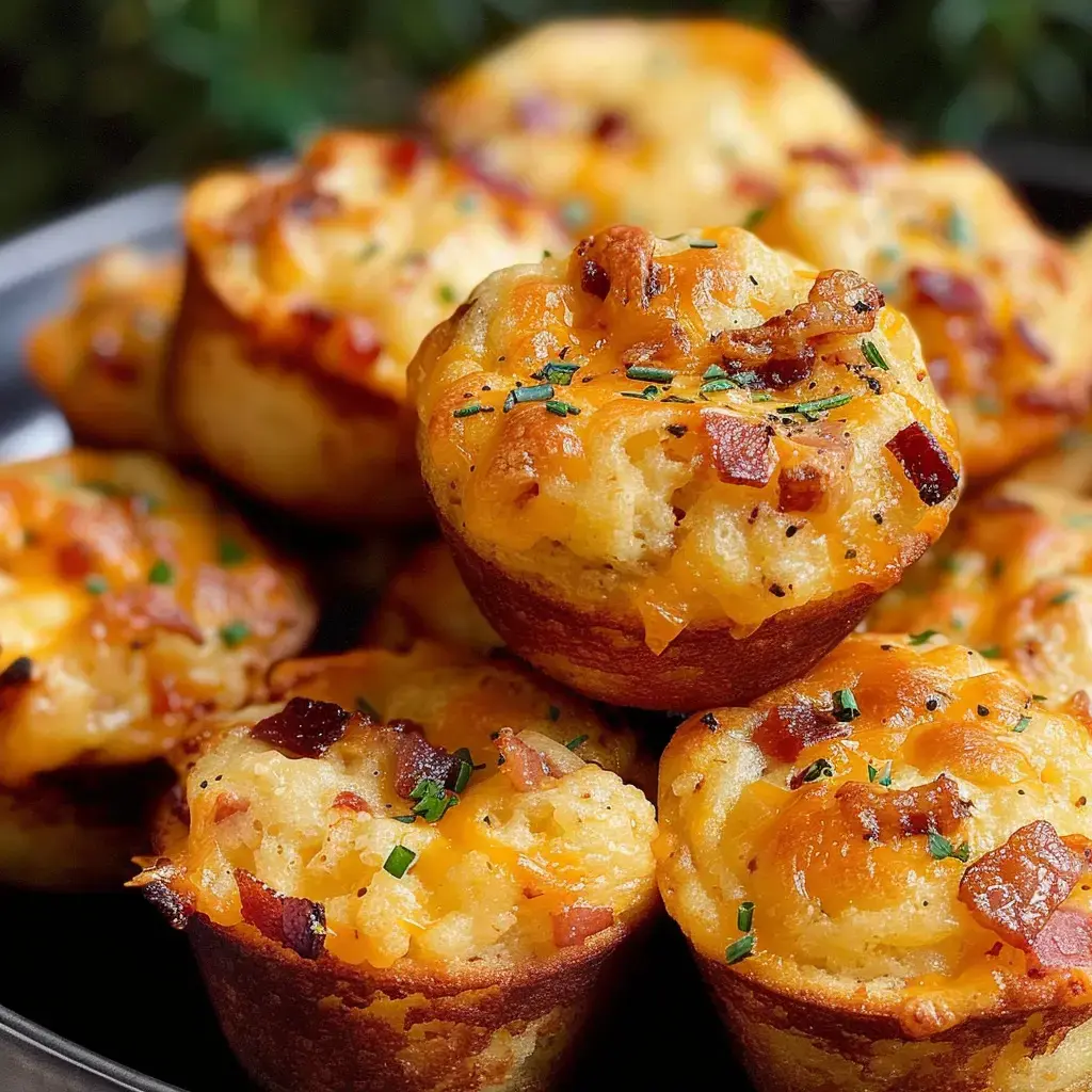 Goldbraun gebackene Muffins mit Käse und Speckstückchen, garniert mit Schnittlauch.