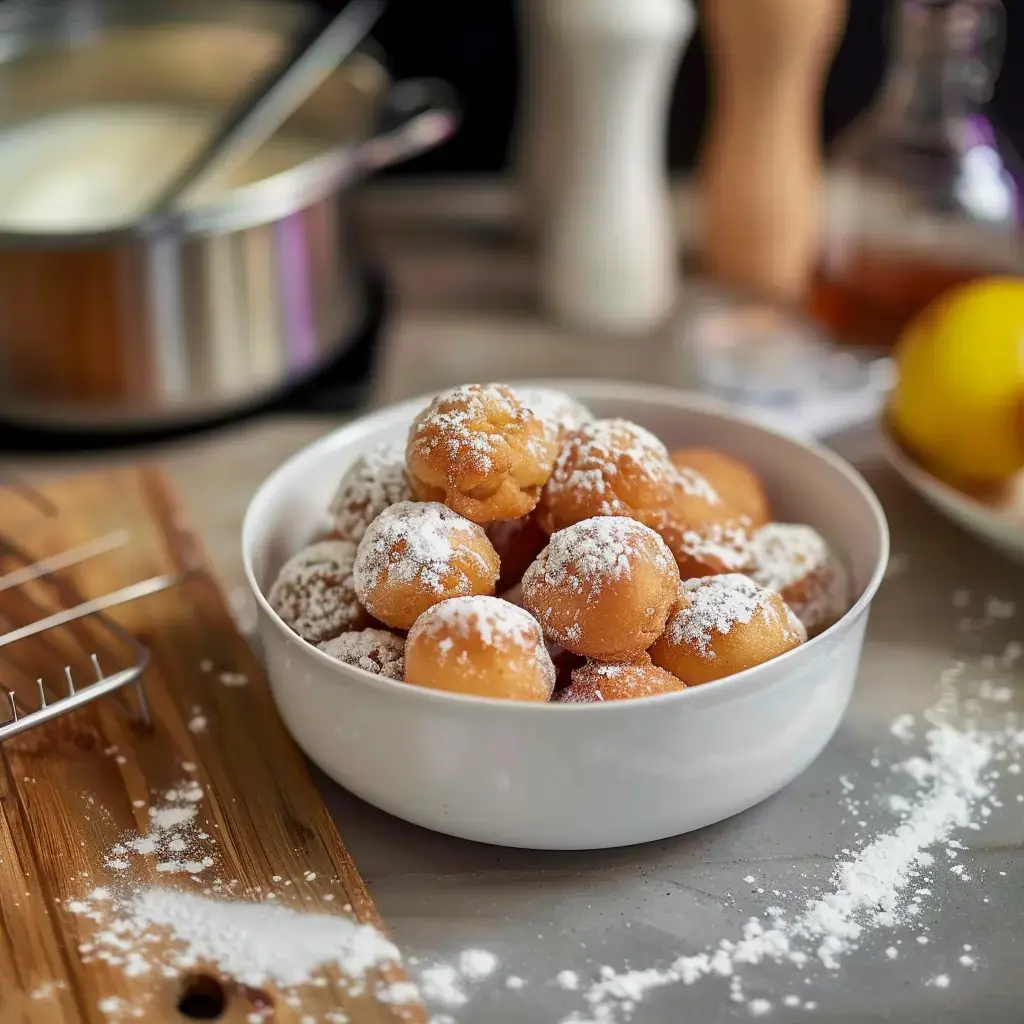 Goldbraune Donutkugeln mit Puderzucker bestäubt in einer Schüssel, umgeben von Küchenzutaten