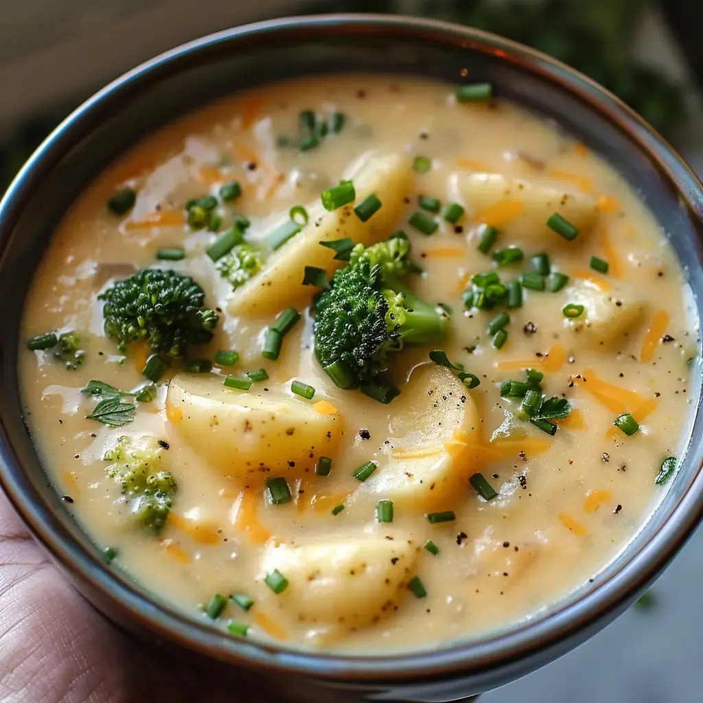 Eine cremige Suppe mit Kartoffeln, Brokkoli und Schnittlauch.