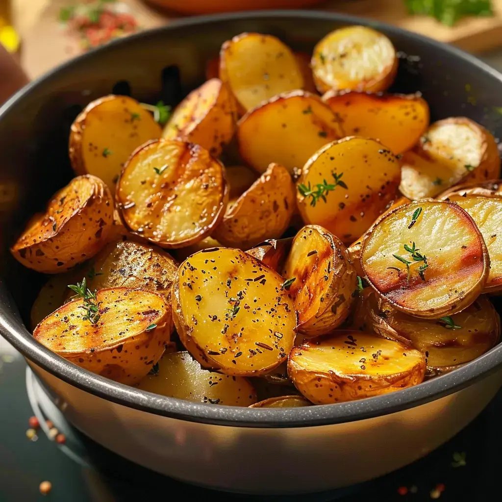 Goldbraun geröstete Kartoffeln mit Thymian und Pfeffer in einer schwarzen Schale.