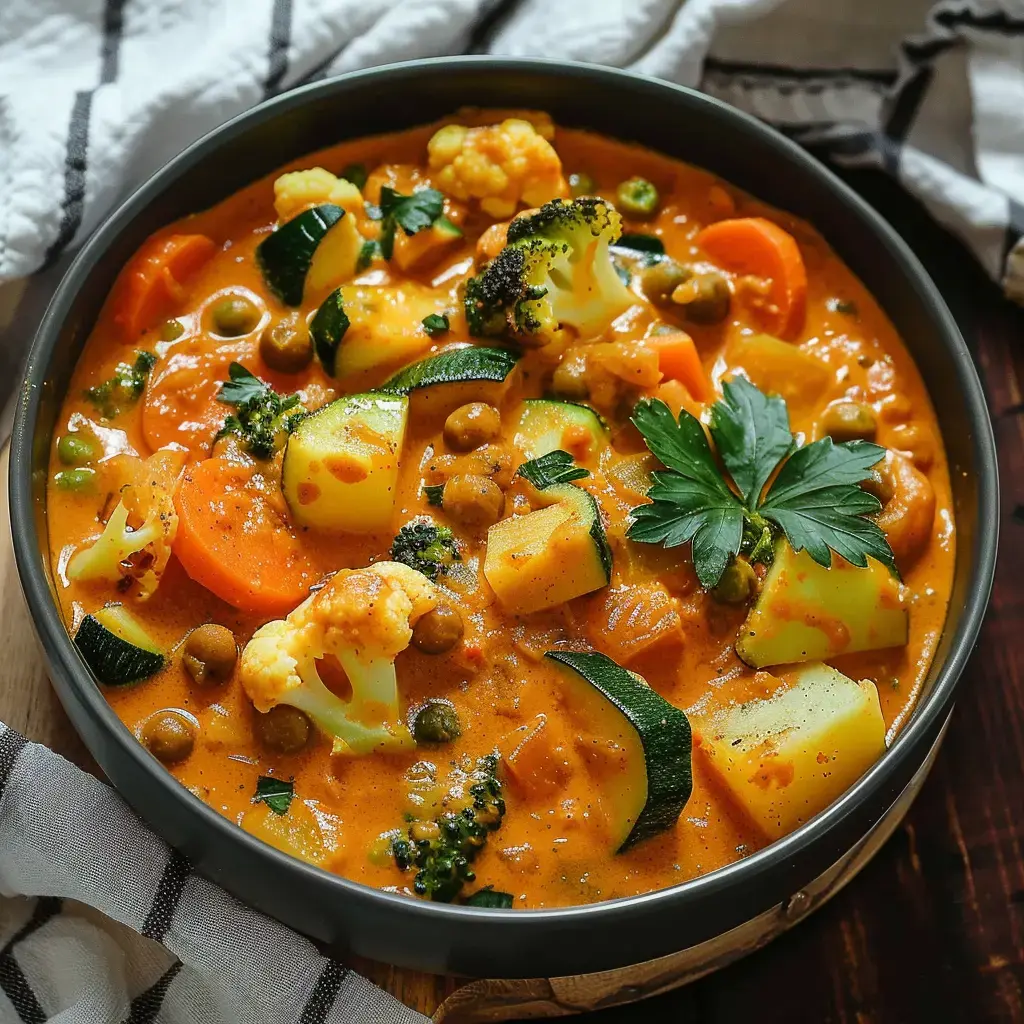 Ein Teller mit buntem Gemüse in cremiger Soße, darunter Möhren, Zucchini, Brokkoli und Blumenkohl, garniert mit Petersilienblättern.