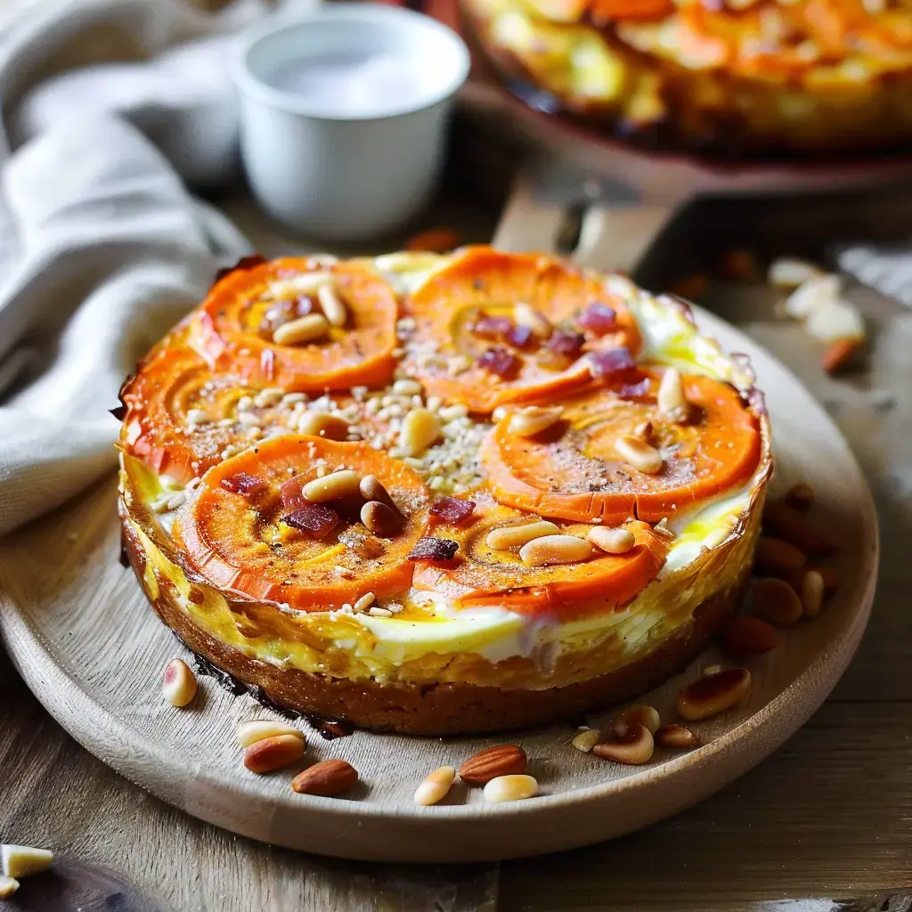 Ein goldbrauner Kuchen mit Gemüsescheiben und Pinienkernen auf einem Holzbrett serviert.