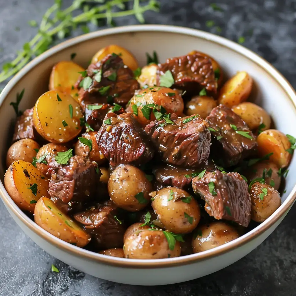 Ein Teller mit zartem Fleisch, Kartoffeln und frischer Petersilie garniert.