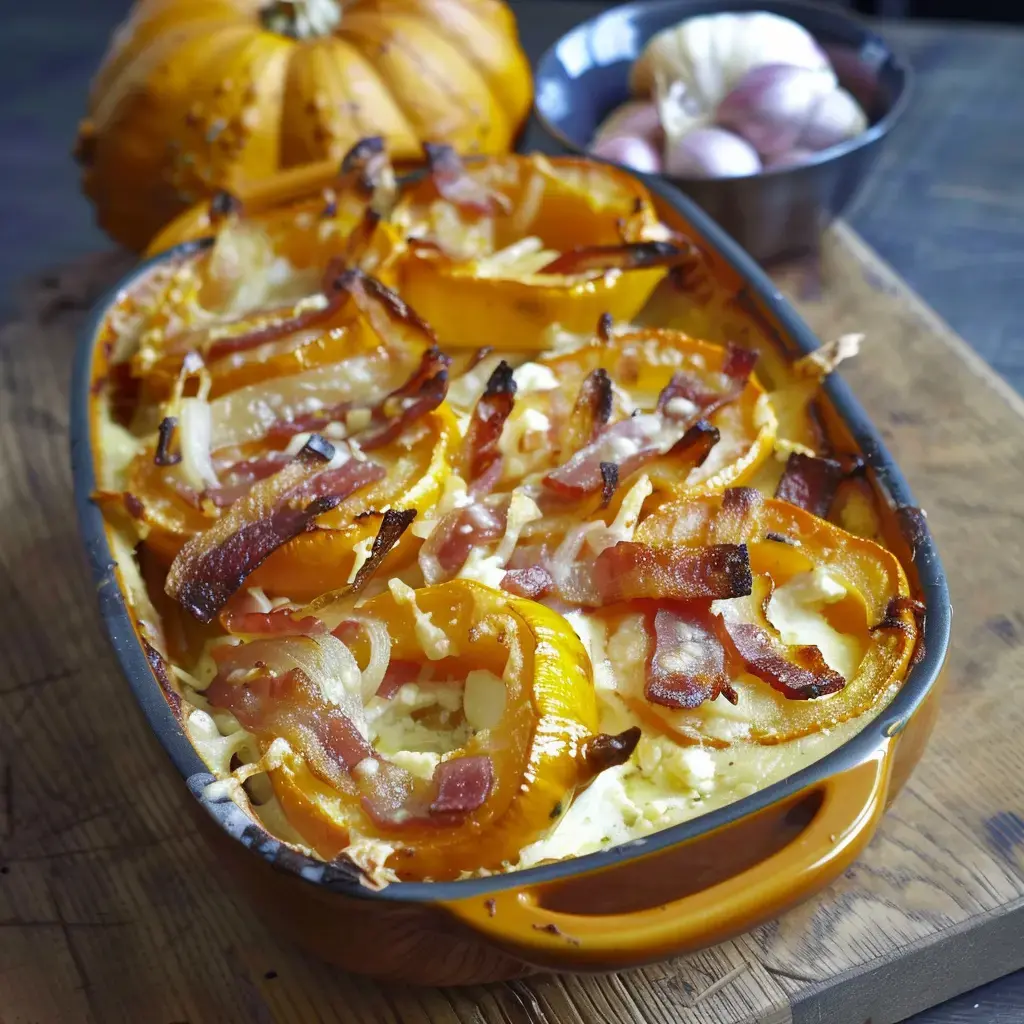 Ein gefüllter Kürbisauflauf mit Speck und Zwiebeln, daneben ein ganzer Kürbis und Knoblauchzehen als Dekoration.