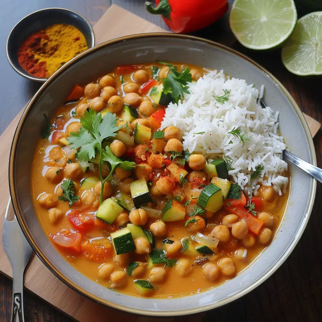Eine Schüssel Kichererbsen-Gemüse-Curry, serviert mit weißem Reis und Limettenspalten, dazu Gewürze.