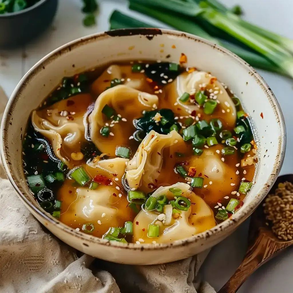 Eine dampfende Schale mit Gyoza-Suppe, garniert mit Frühlingszwiebeln und Sesam