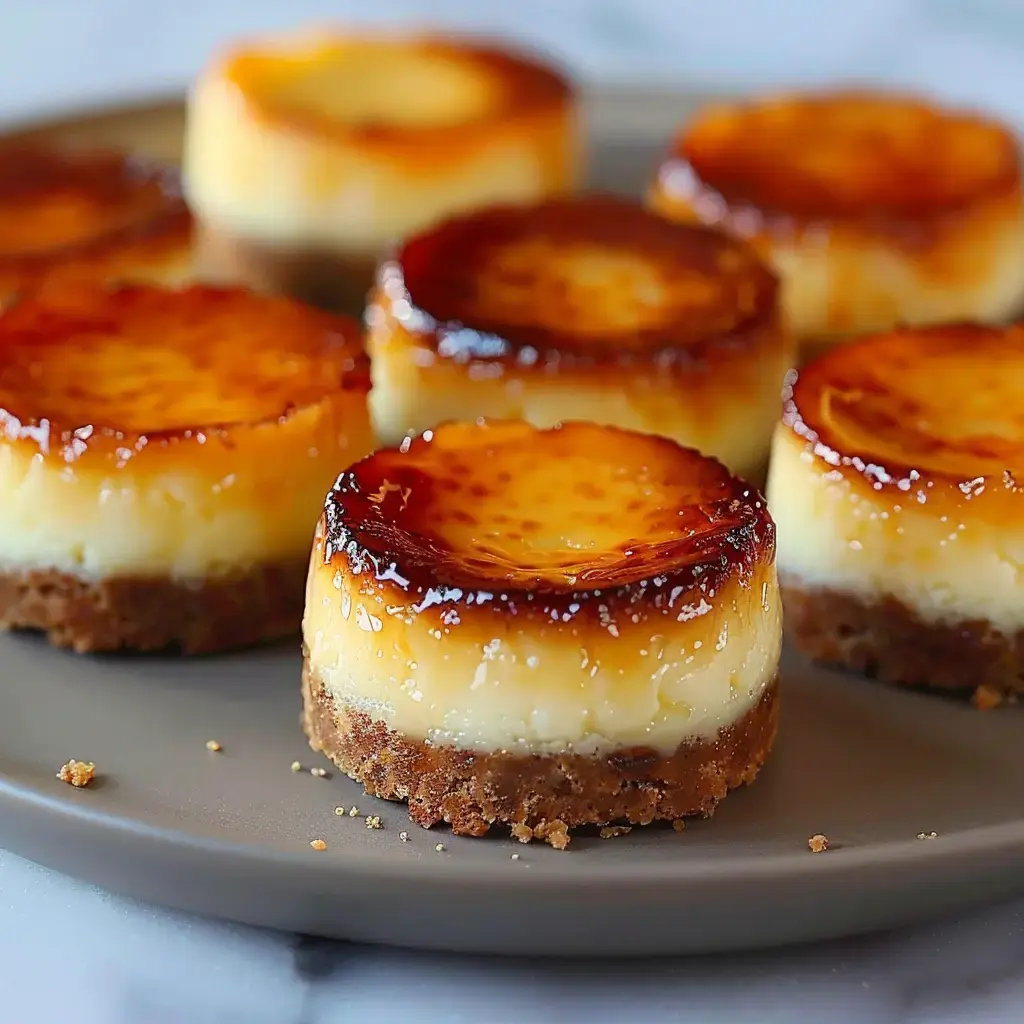 Cremige Mini-Cheesecakes mit goldbraunem Keksboden, angerichtet auf einem Teller.