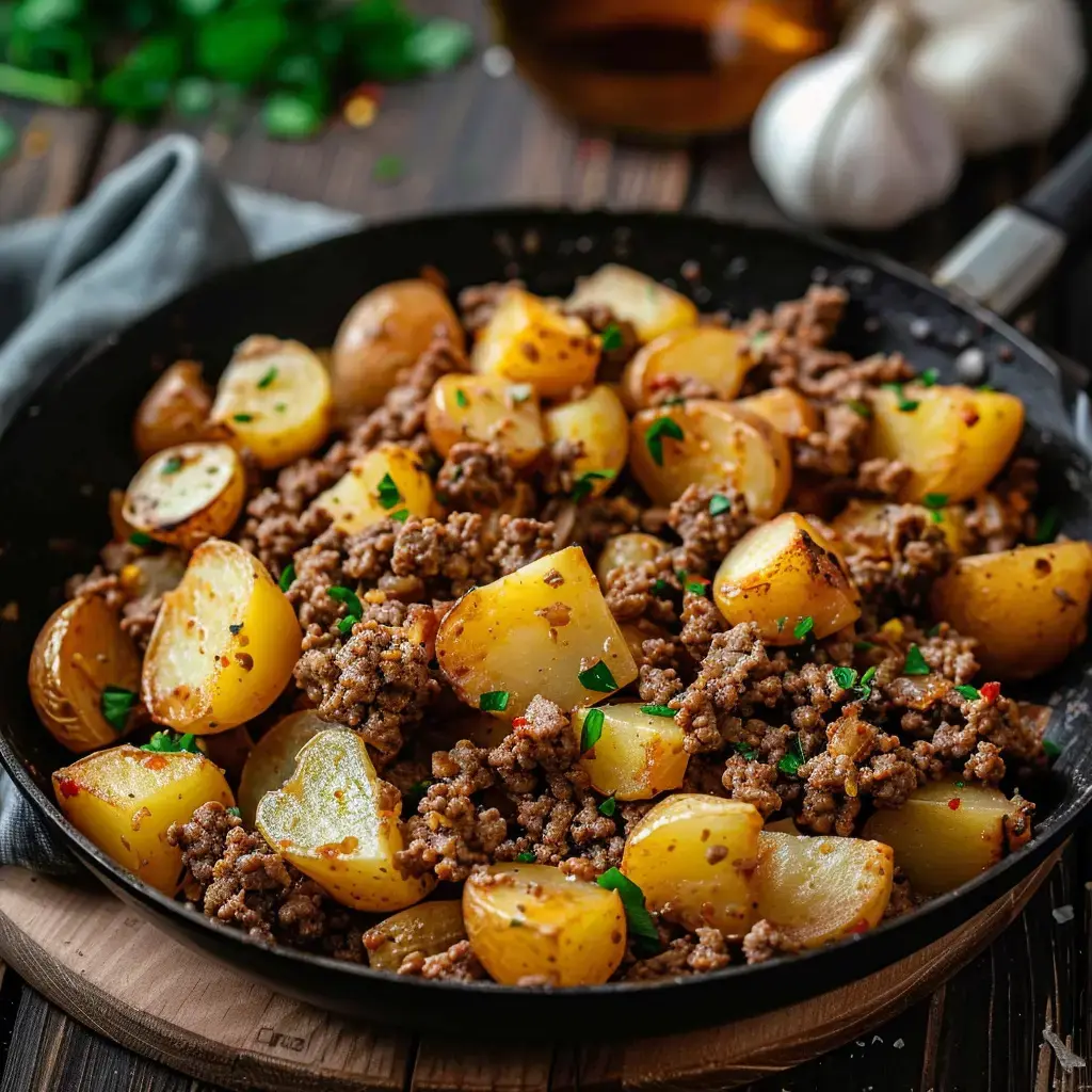 Eine Pfanne mit goldbraunen Kartoffelwürfeln und würzigem Hackfleisch, garniert mit frischer Petersilie