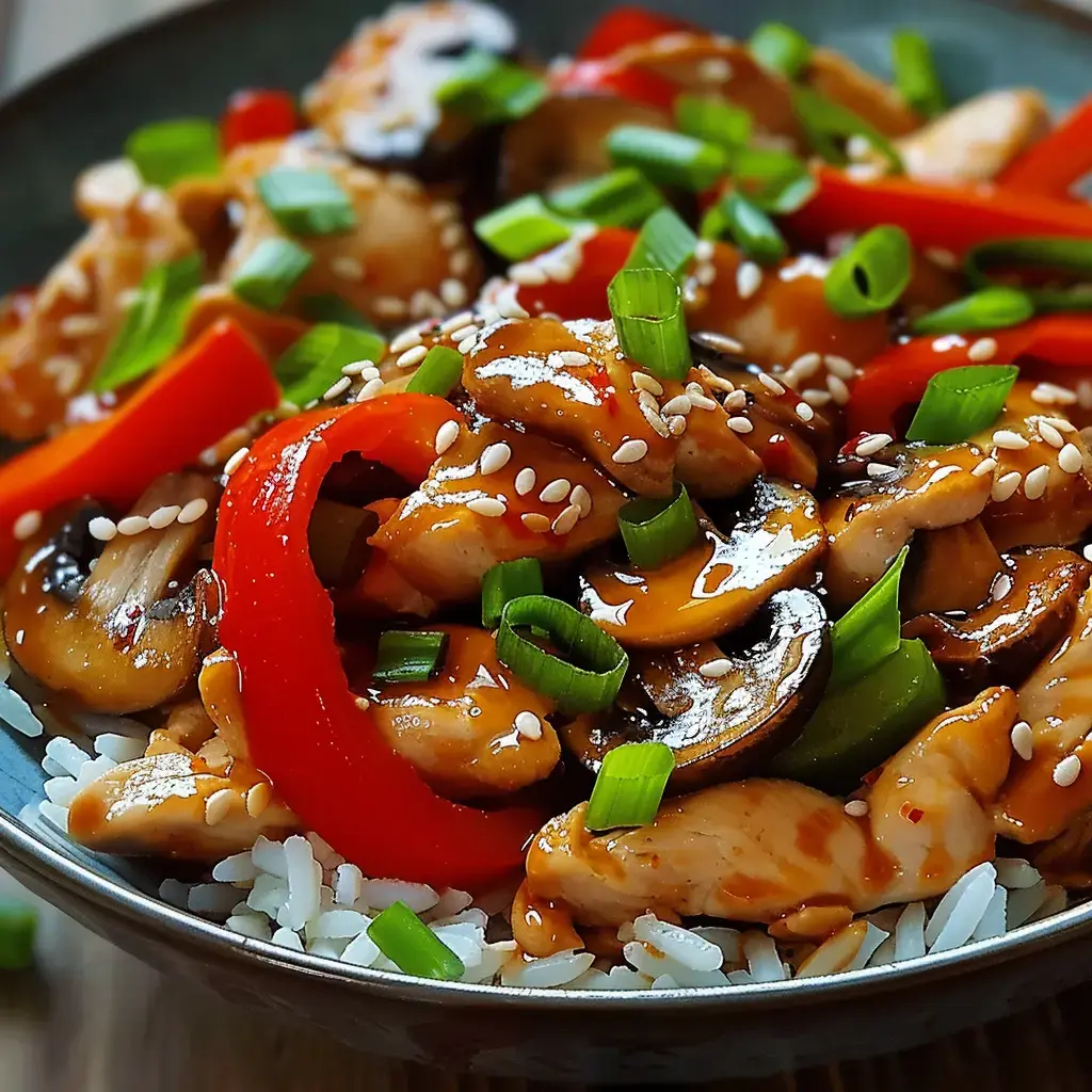 Gebratenes Hähnchen mit buntem Gemüse in Sauce, garniert mit Sesam und Schnittlauch, serviert auf weißem Reis.