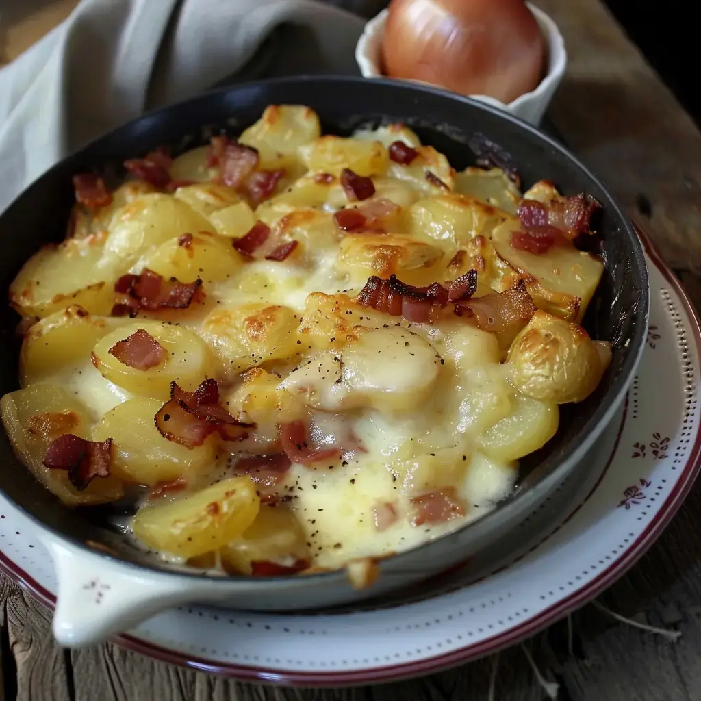 Goldbraun gebratene Kartoffeln mit geschmolzenem Bergkäse und Speck in einer Tonpfanne serviert.