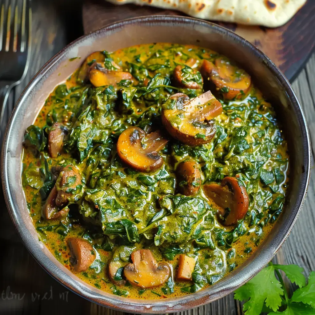 Eine Schüssel mit Spinat-Pilz-Curry, serviert mit Naan-Brot im Hintergrund.