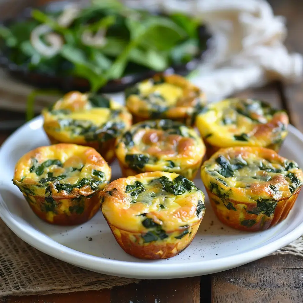 Goldbraun gebackene Spinat-Muffins als Hauptgericht, dazu ein frischer grüner Salat im Hintergrund.