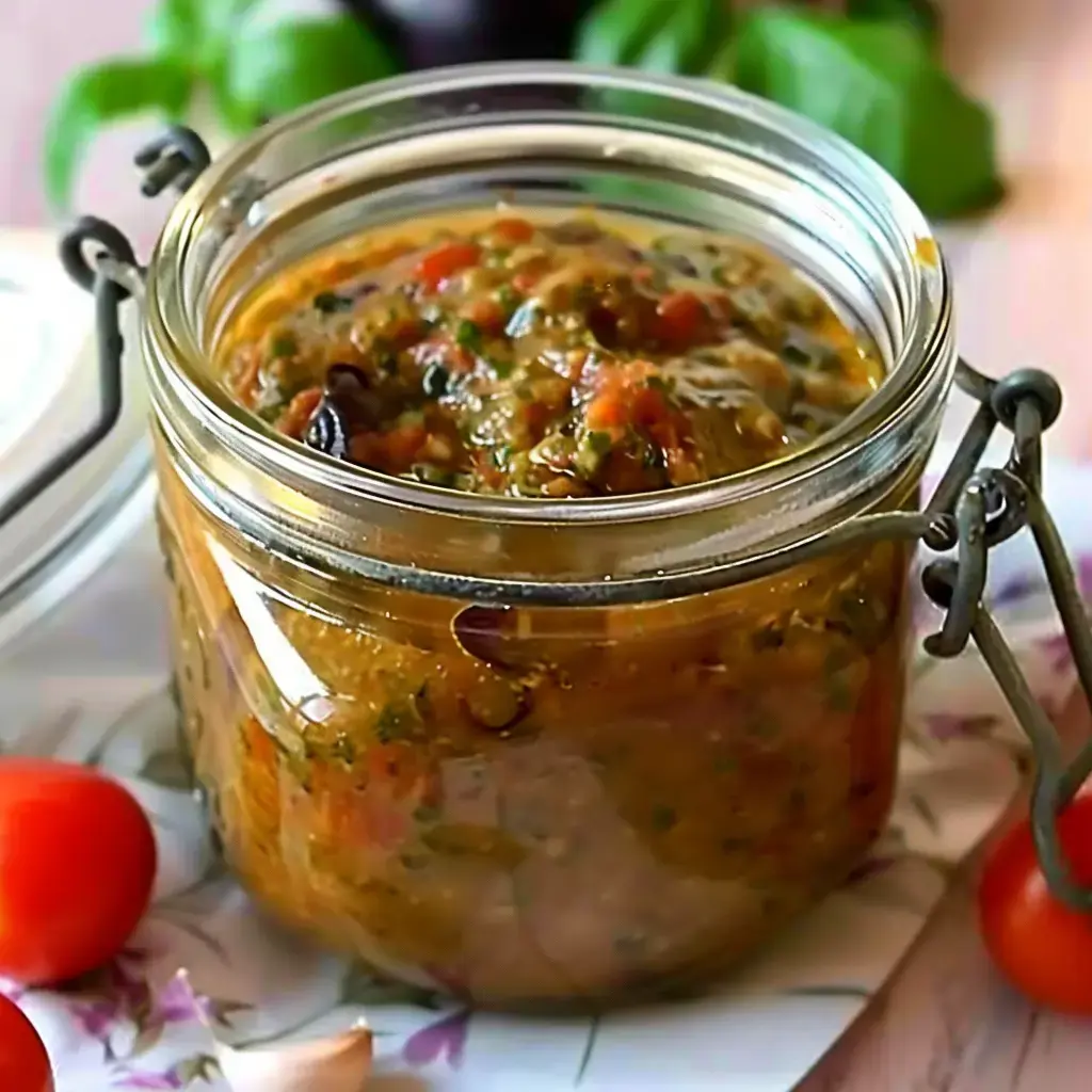 Ein Glasgefäß gefüllt mit würziger Gemüsesauce, daneben frische Kirschtomaten auf einem geblümten Untergrund.