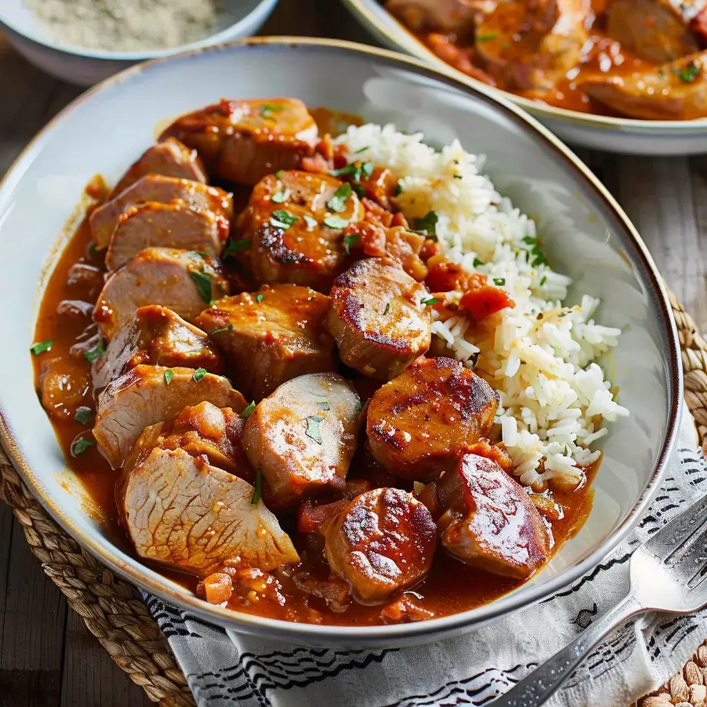 Schweinefilet in Sauce mit Reis und Petersiliengarnitur