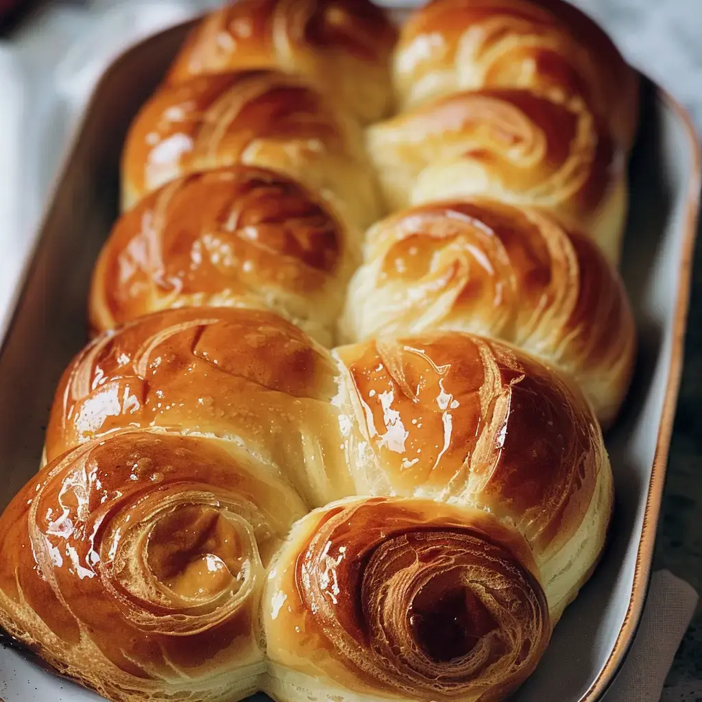 Ein goldbraunes, flaumiges Milchbrötchen wird auf einem Teller präsentiert.