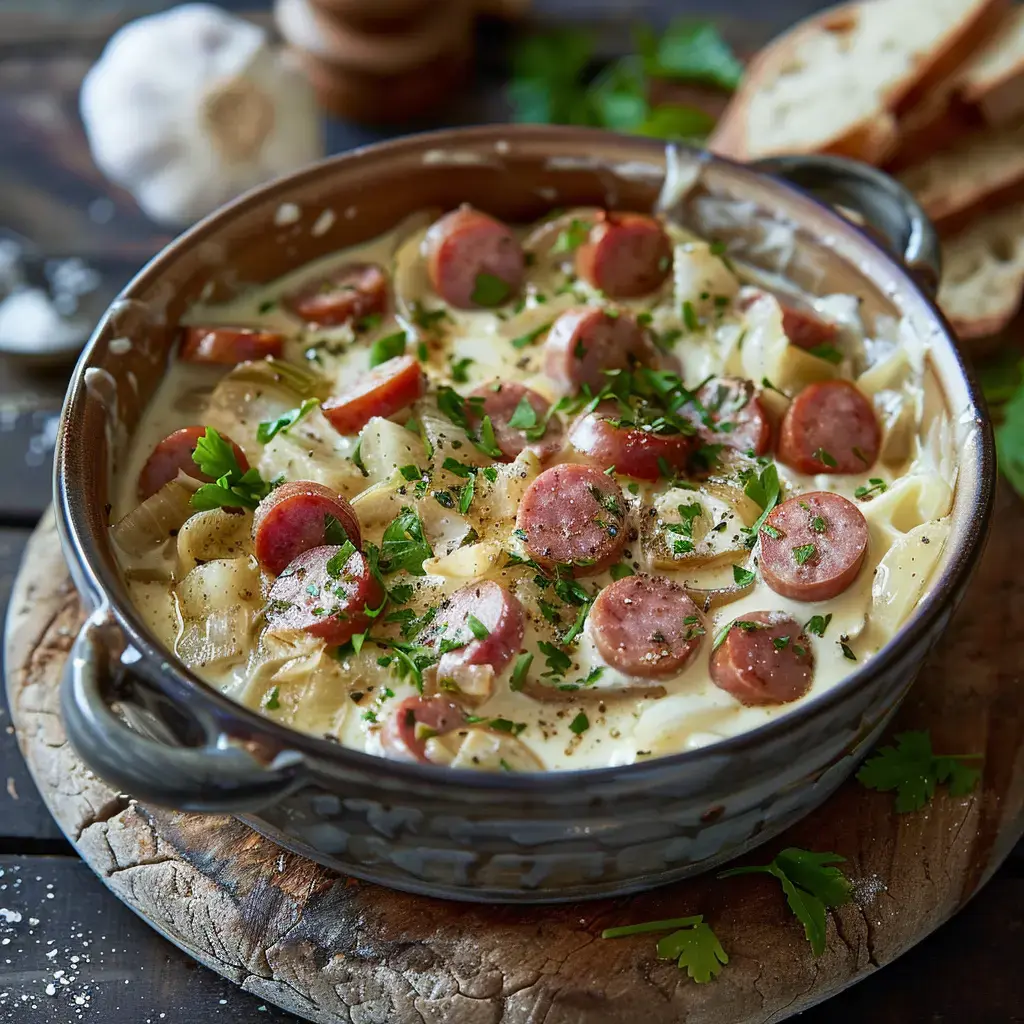 Cremiges Chicorée-Würstchen-Gericht mit Zwiebeln und frischen Kräutern in einem Schmortopf serviert.