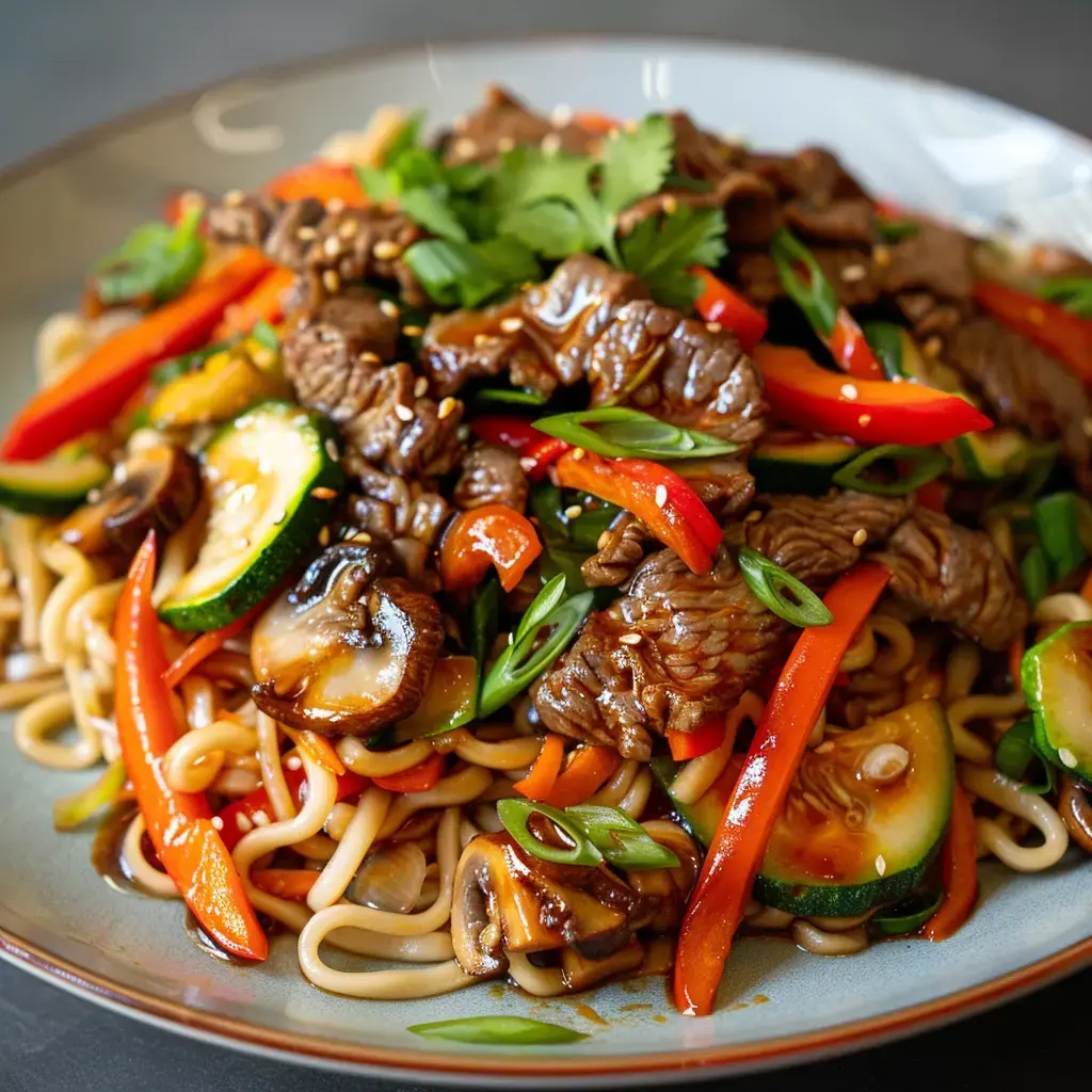 Ein Teller mit Asiapfanne aus Nudeln, Rindfleisch und buntem Gemüse, garniert mit Koriander und Frühlingszwiebeln.