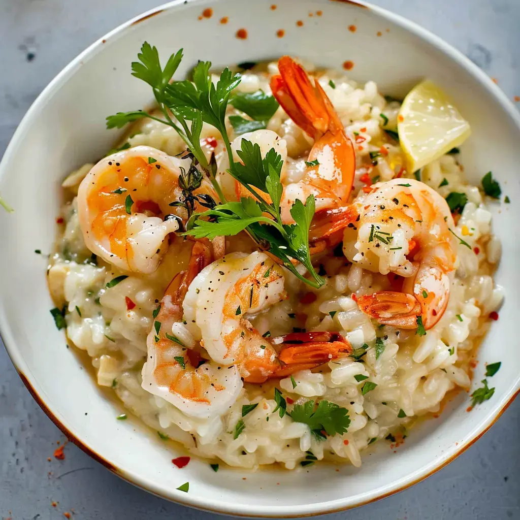 Cremiges Kokos-Risotto mit gebratenen Garnelen und frischen Kräutern