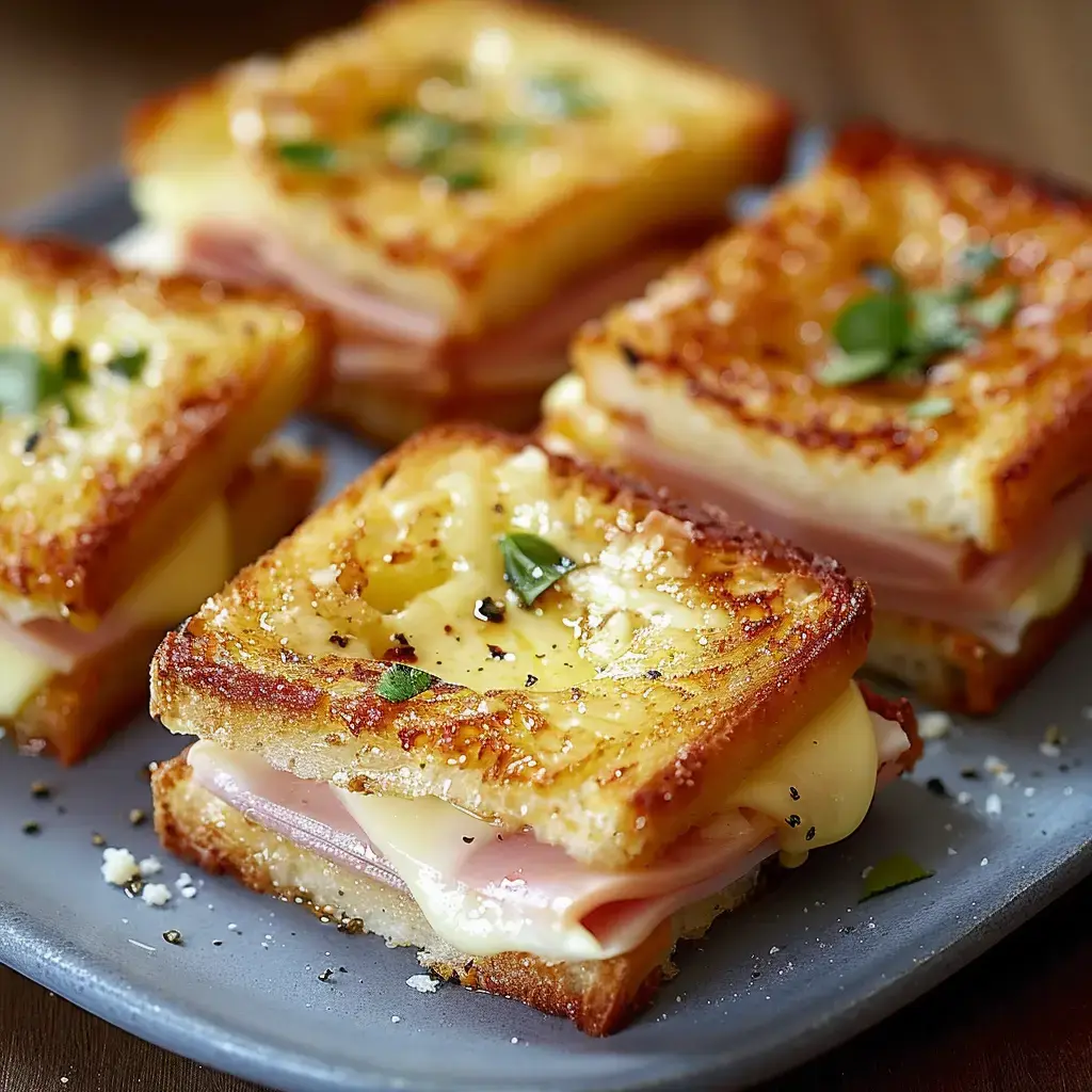 Vier goldbraun gebackene Mini-Sandwiches mit geschmolzenem Käse und Schinken, garniert mit Petersilie auf einem Teller.