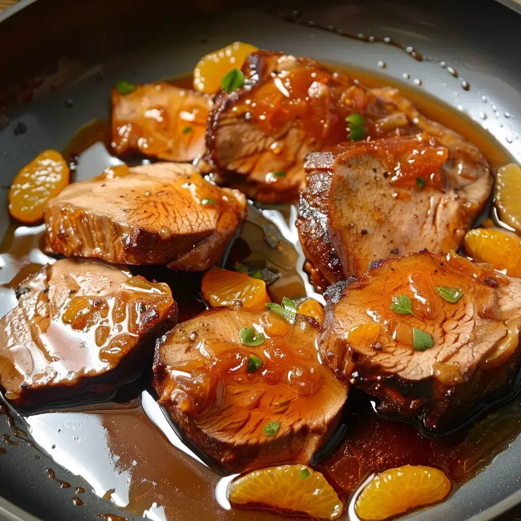 Zart gebratene Schweinefiletmedaillons in glänzender Orangensauce, dekoriert mit Orangenscheiben.