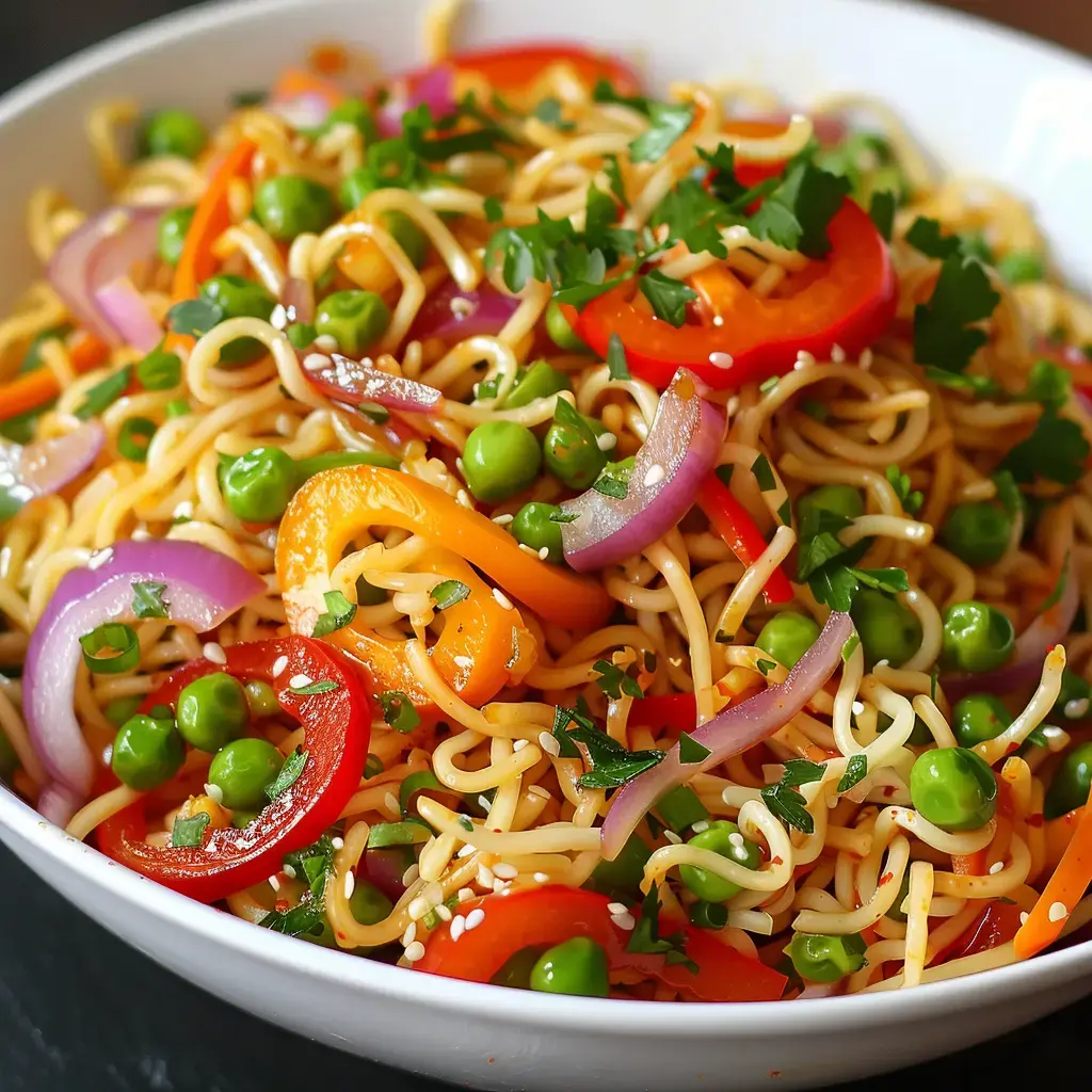 Bunte Gemüsenudeln mit Erbsen, Paprika und frischen Kräutern in einer Schale serviert.