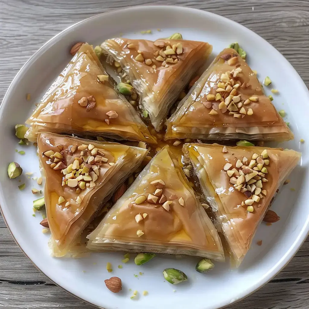 Eine runde Auflaufform mit glänzenden Baklava-Rauten, garniert mit gehackten Nüssen und Pistazien.