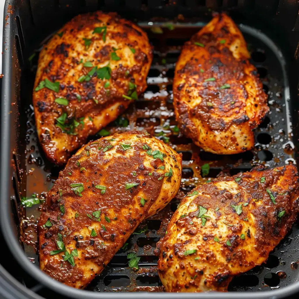 Vier marinierte und gegarte Hähnchenbrustfilets mit Koriandergarnitur im Garbehältnis.