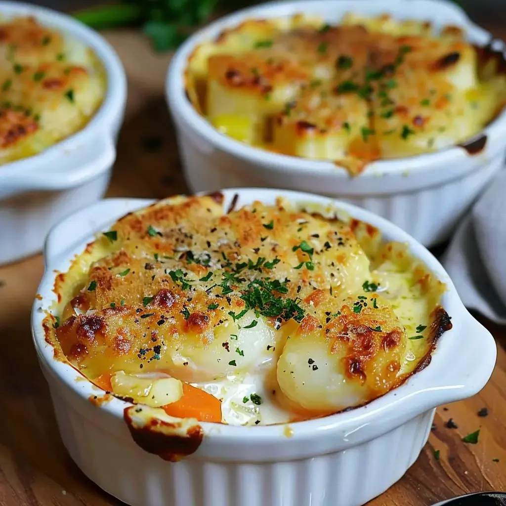 Einzelne Auflaufförmchen mit Gemüsegratin, garniert mit goldbrauner Käsekruste, auf einer Holzoberfläche angerichtet.